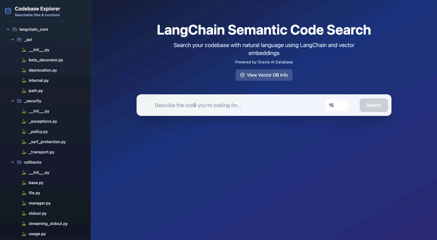 Semantic Code Search - natural-language query, ranked code results, repository navigation, and highlighted source code