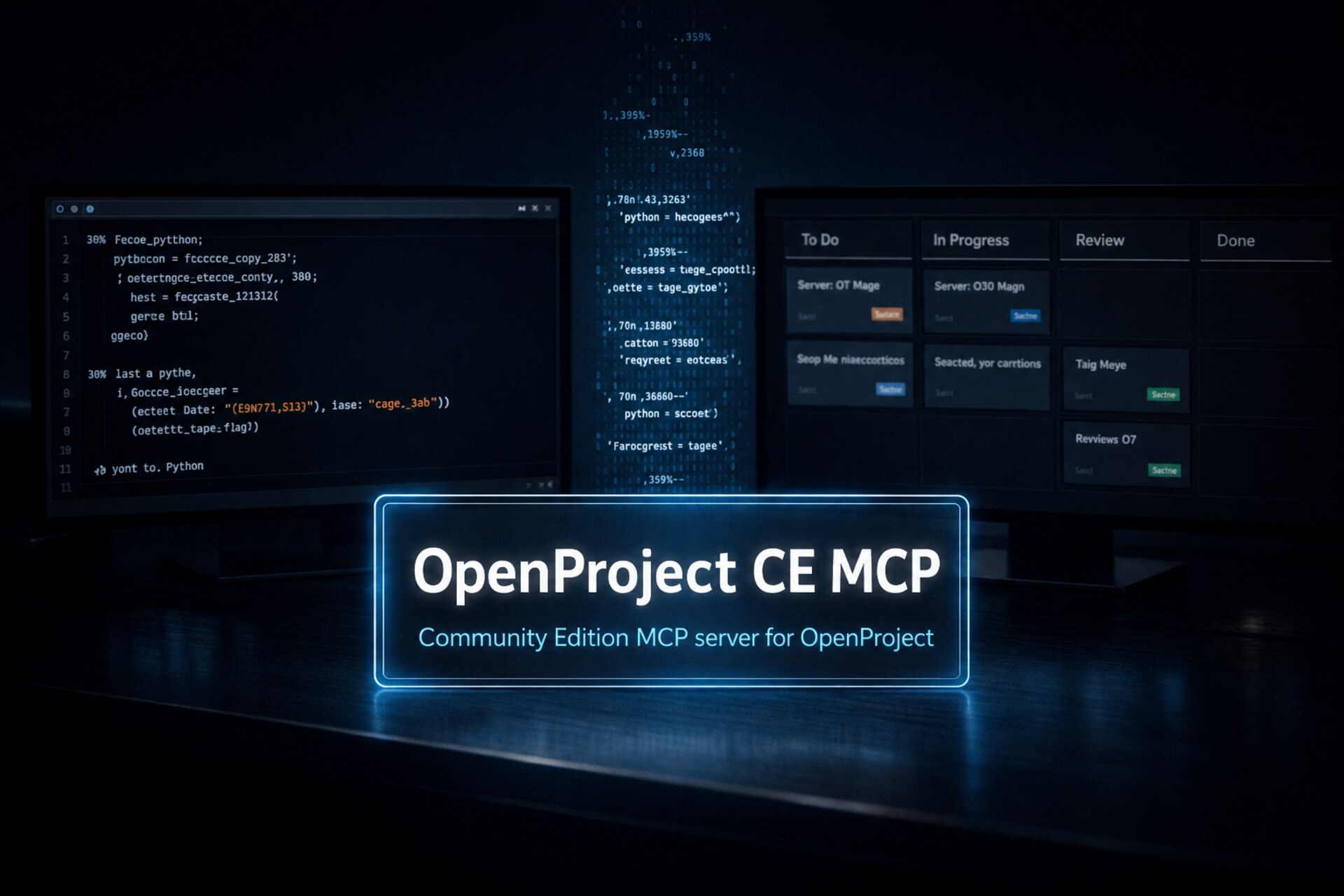 Hero image showing a Python terminal and an OpenProject board connected by a structured data stream.