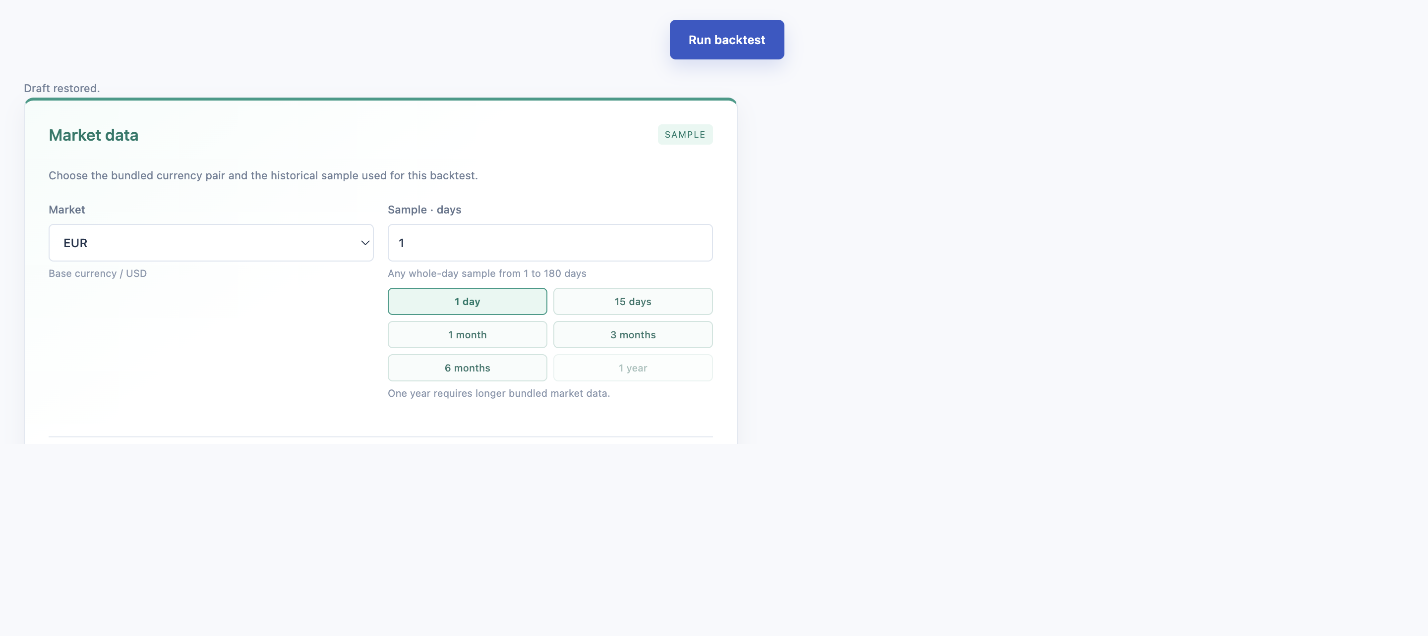 TradeTide Market data tab with currency pair, sample duration, and common duration presets