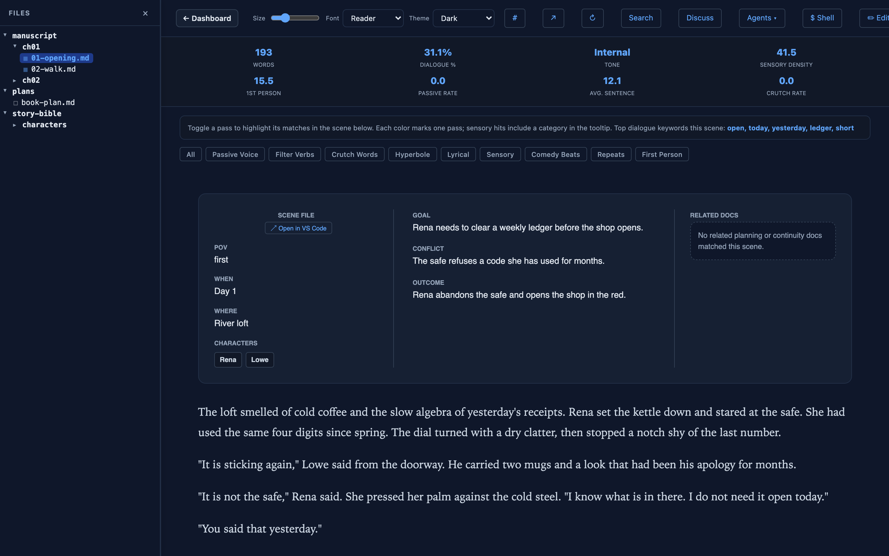 A scene open in the reading view with four highlight passes enabled