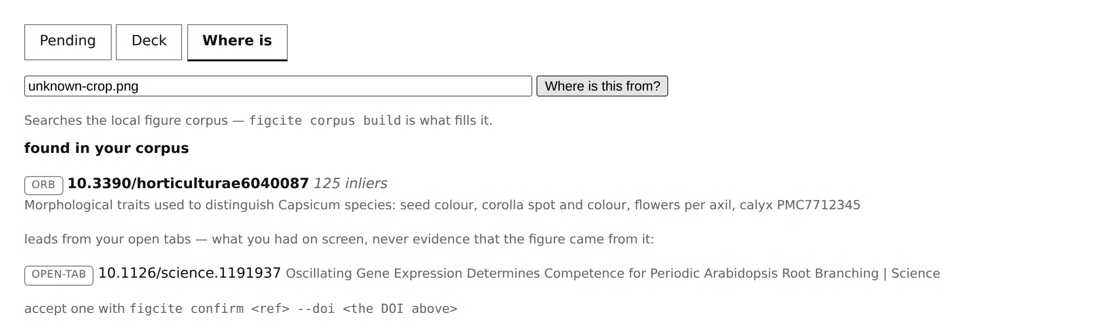 The Where is tab: the crop was matched by ORB with 125 inliers to 10.3390/horticulturae6040087, with the figure's caption; below it, an open browser tab is listed separately as a lead