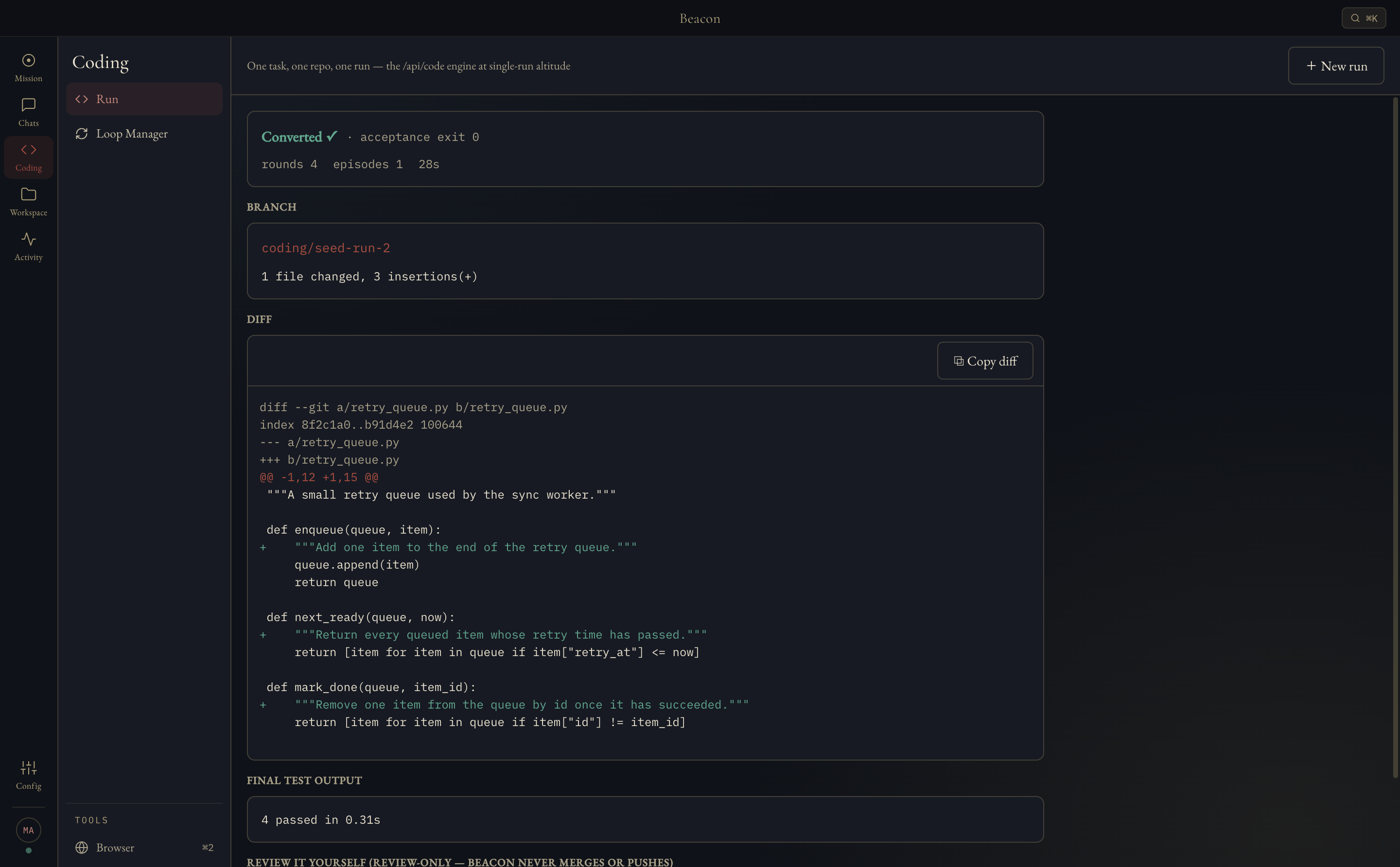A finished coding run in Beacon — Converted ✓, acceptance exit 0, and the reviewable diff