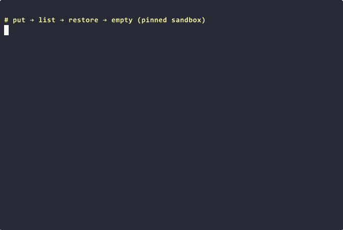 Terminal demo: rtrash put → list → restore → empty in a pinned sandbox trash