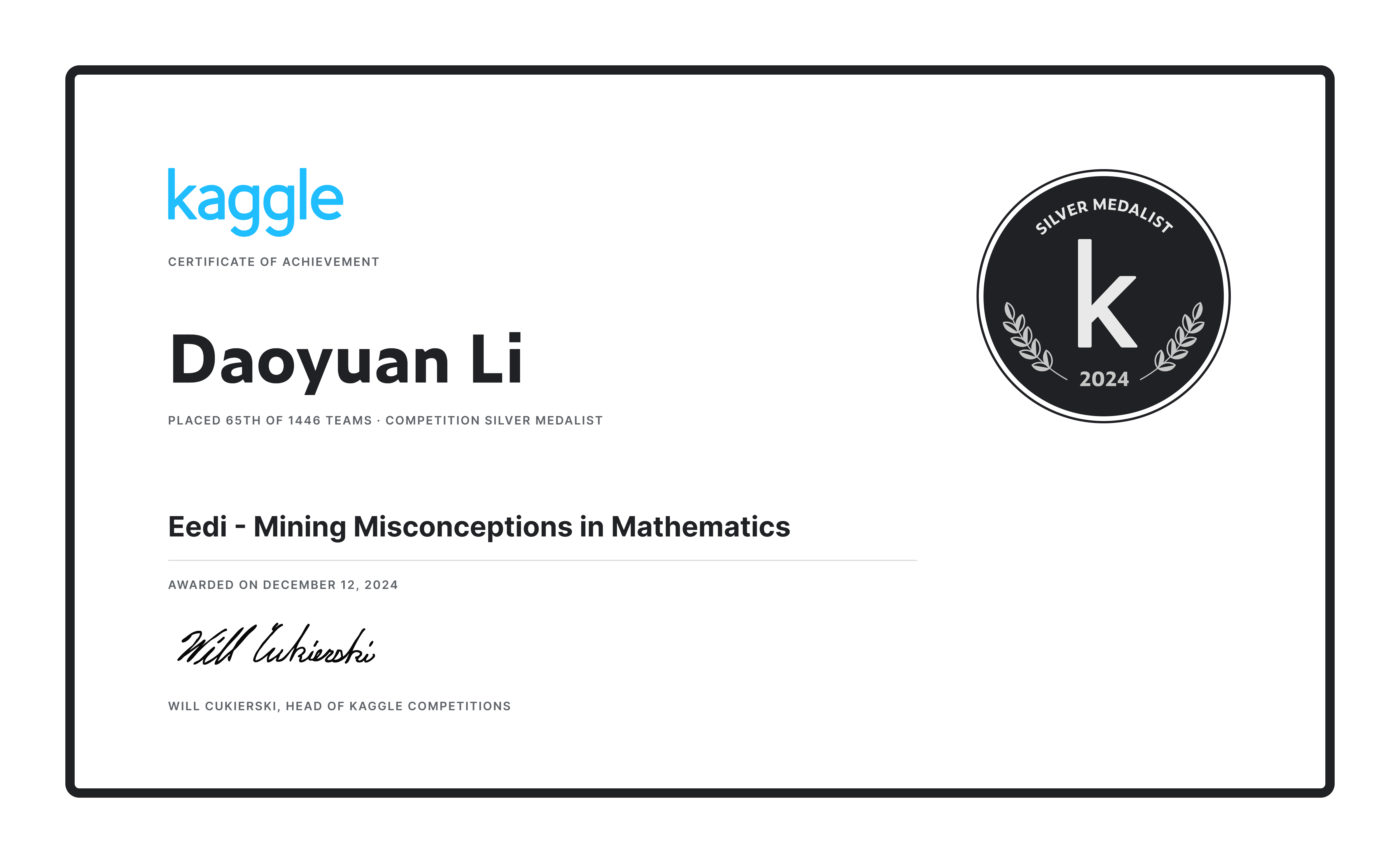 Kaggle Eedi silver medal certificate — Daoyuan Li