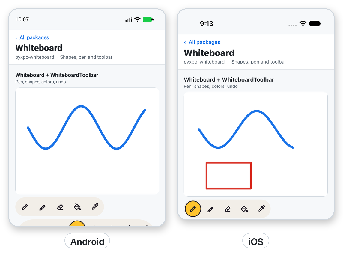 The whiteboard page and toolbar on Android and iOS