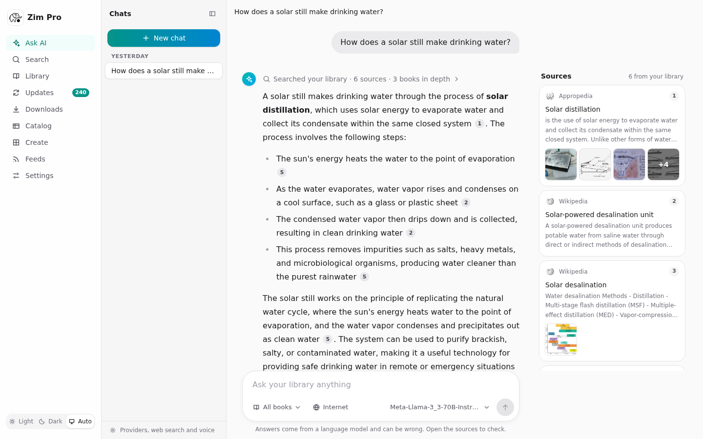 Ask AI: an answer written from the library, with numbered citations and the sources beside it
