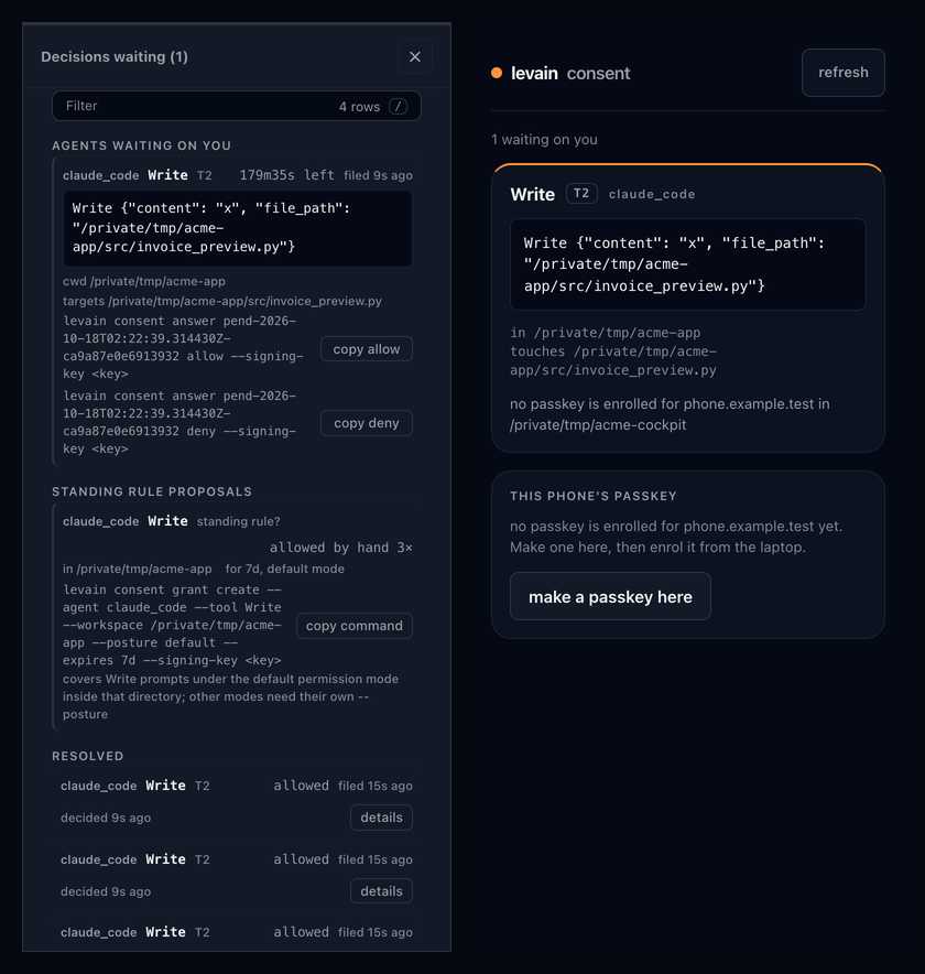 Two phone-width screens: the cockpit's Decisions view with the proposal card, and the phone consent page showing one waiting request and, before a passkey is enrolled, a button to make one.