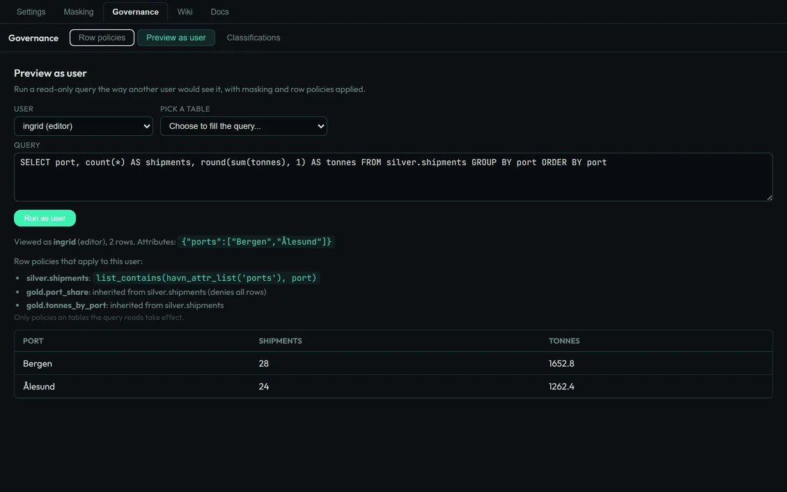 Governance: previewing a query as a user limited to two ports