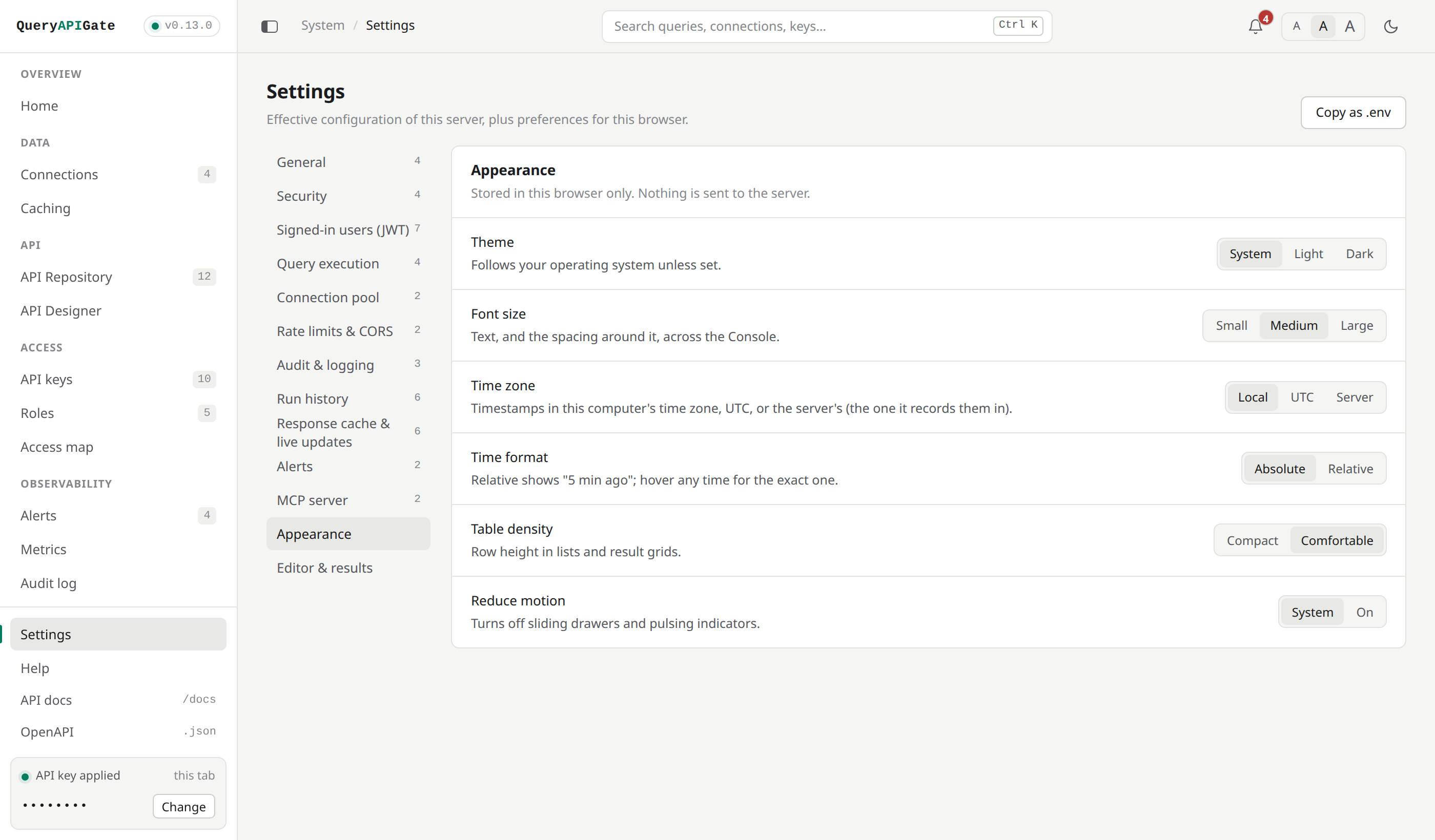 Settings: the server's effective configuration by section, and this browser's Appearance preferences - theme, font size, time zone, time format, table density and reduced motion