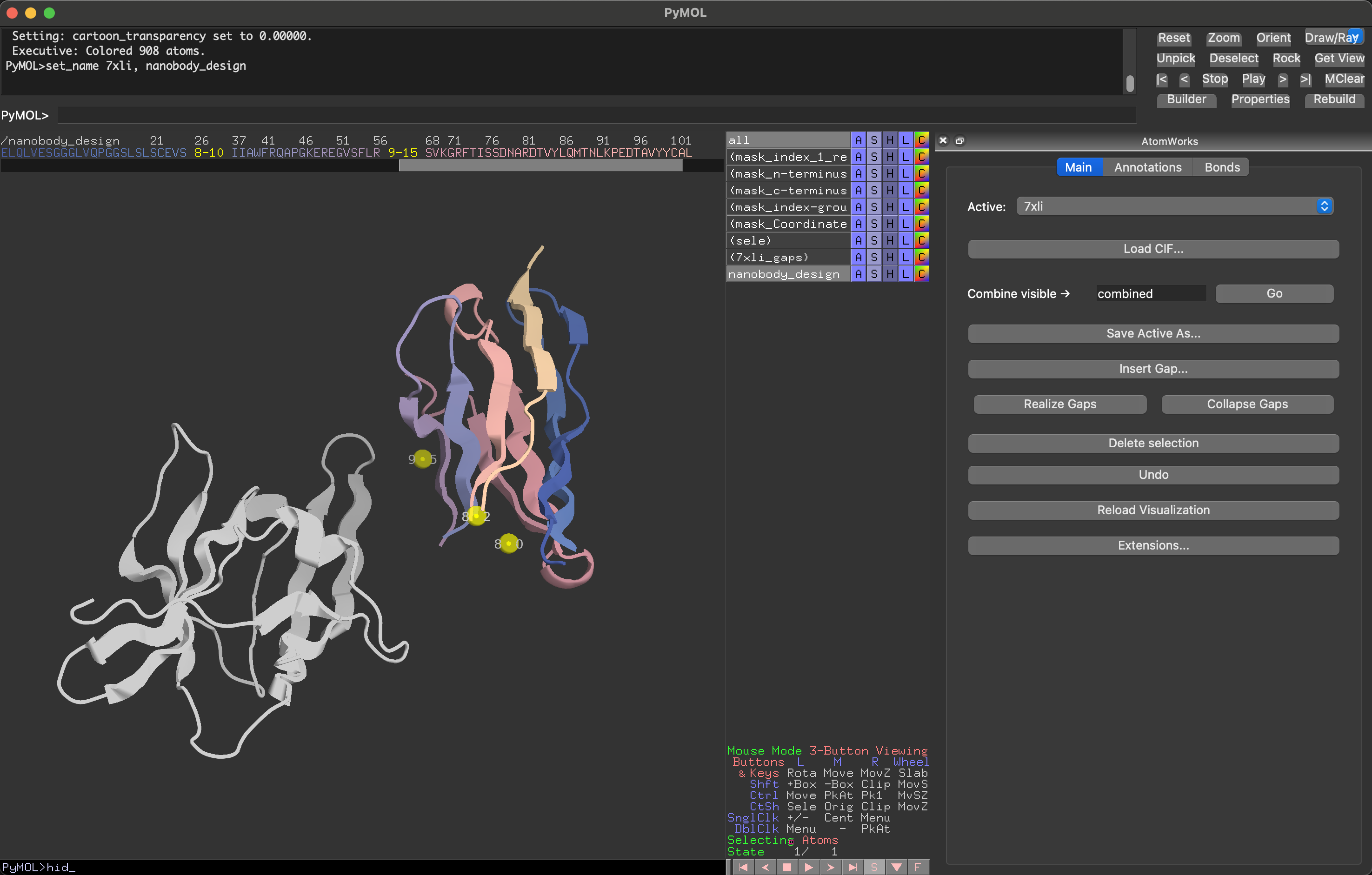AtomWorks Studio panel inside PyMOL on a nanobody design