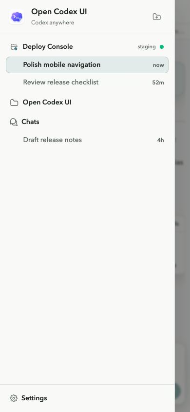 Open Codex UI mobile project drawer