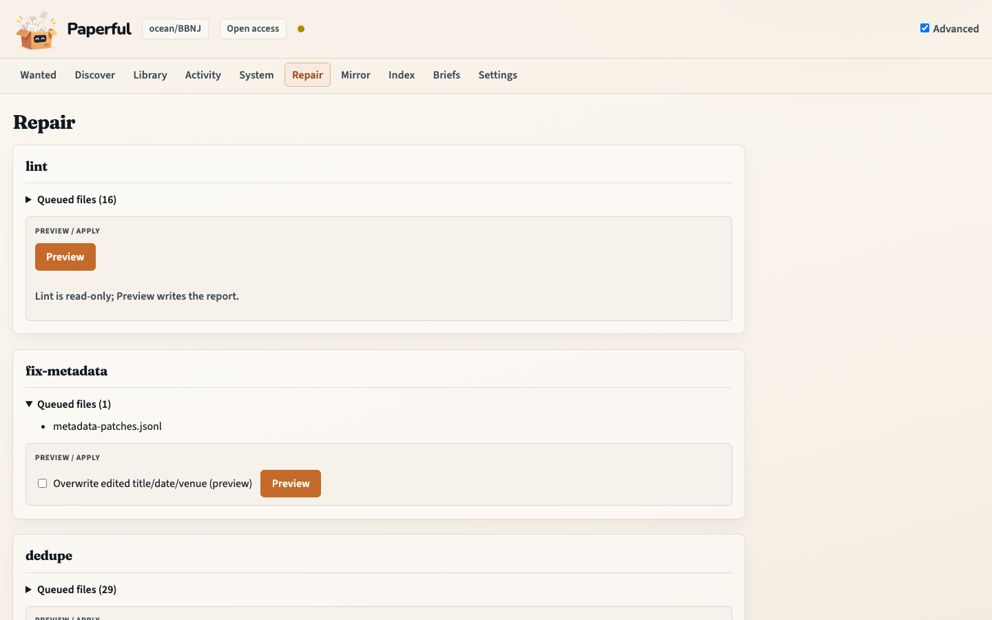 Repair: lint, fix metadata, review duplicates