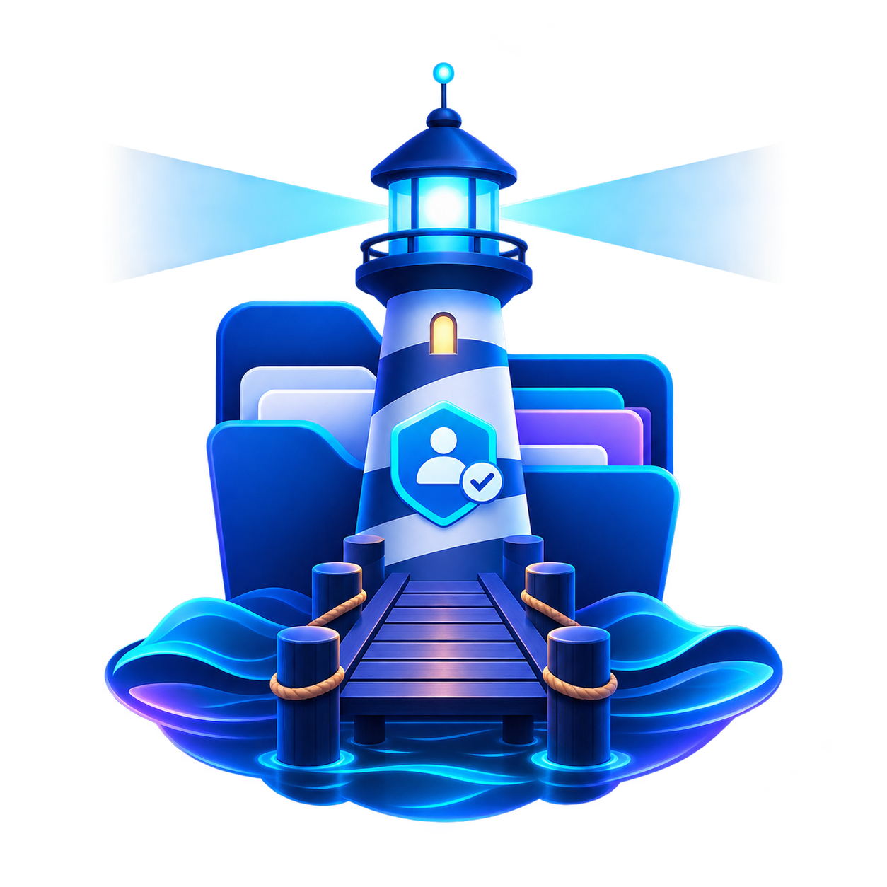 WatchDock lighthouse guiding reviewed files into an organized folder