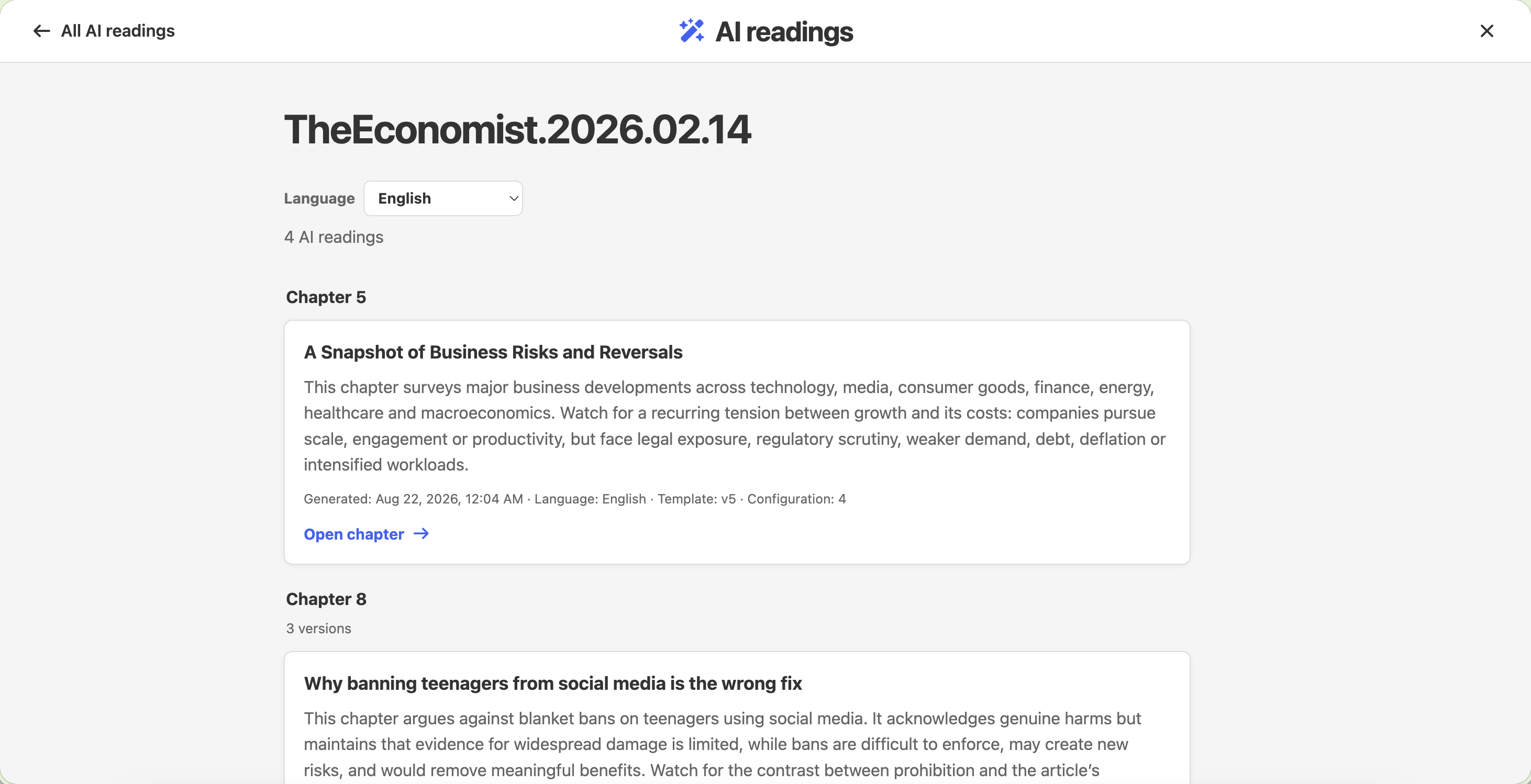 The AI readings hub groups shared learning layers by book and chapter.