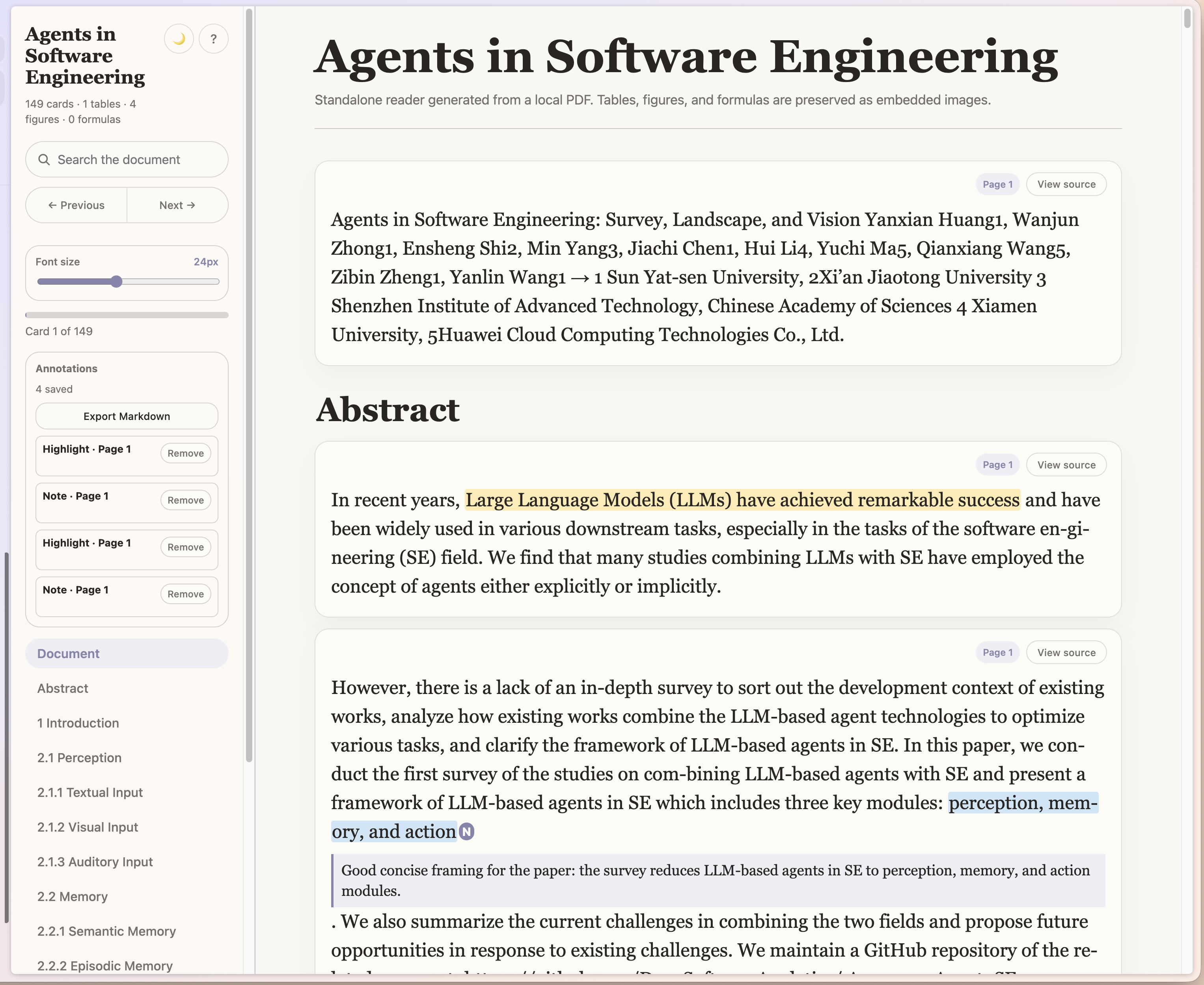 Generated PDF Card MCP reader showing annotations, highlighted text, typed notes, source buttons, and section navigation