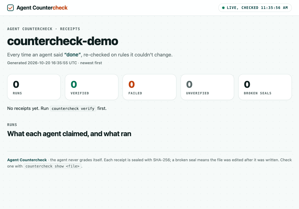 The countercheck ui page updates by itself: a FAILED run appears, opening it shows the failing test output, then a VERIFIED run appears on top
