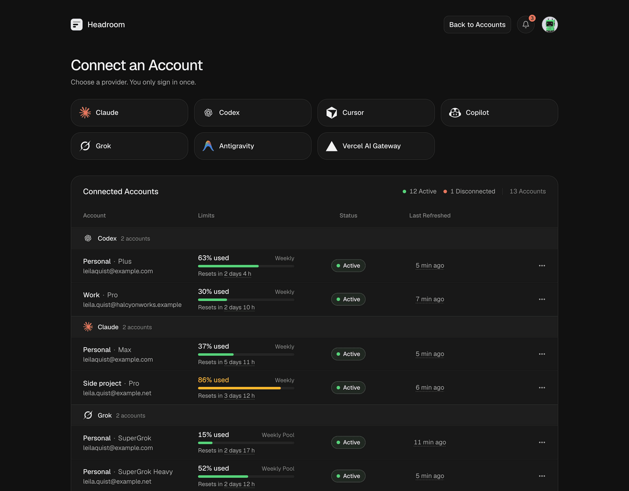 Connect: pick a provider and manage connected accounts