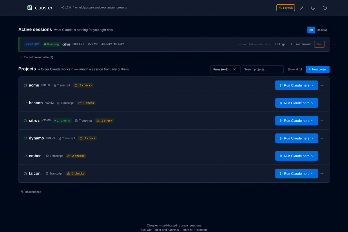 Spawn a Claude session from the Clauster dashboard — open a project's launch menu, trust the directory, and the session starts, then shows Running under Active sessions