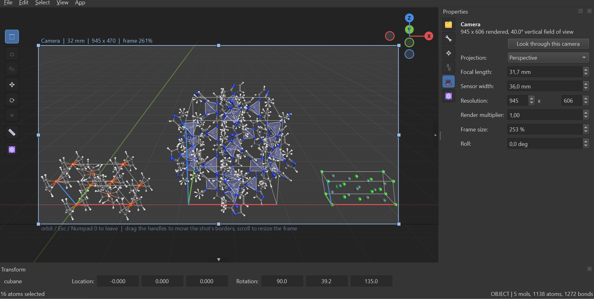 A saved camera framing three different crystal structures at once