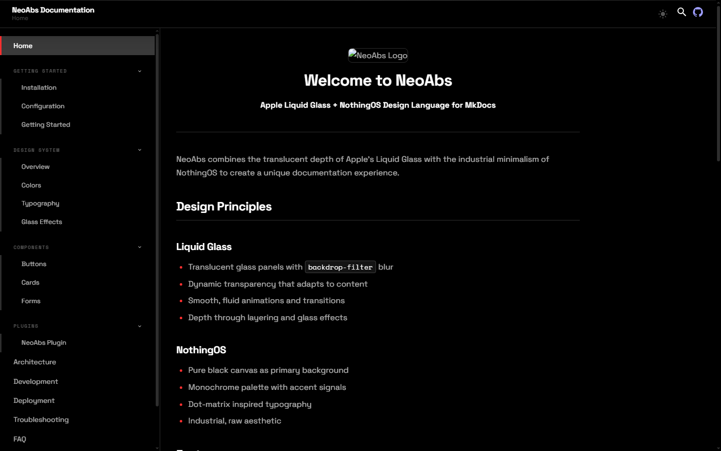 NeoAbs home screen