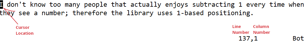 vim column counting is 1-based
