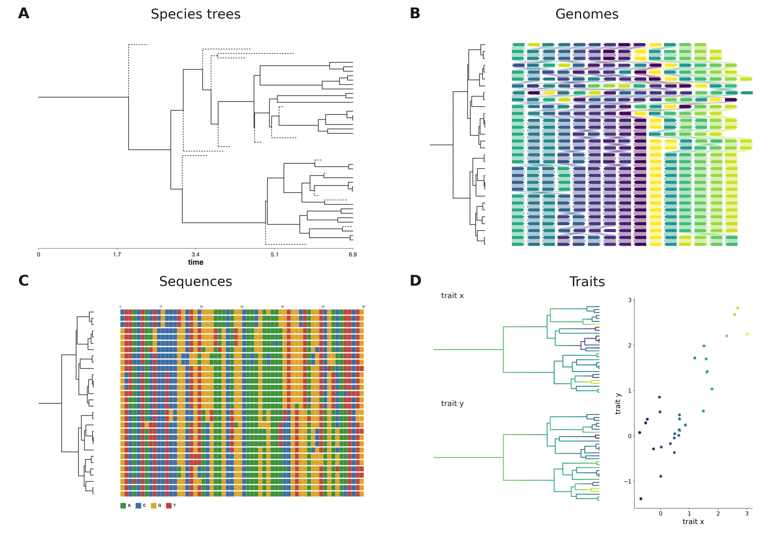 One simulated dataset at all four levels: a species tree with its extinct lineages, the gene order of every surviving genome with homologues linked, the alignment behind one gene family, and two traits drifting together