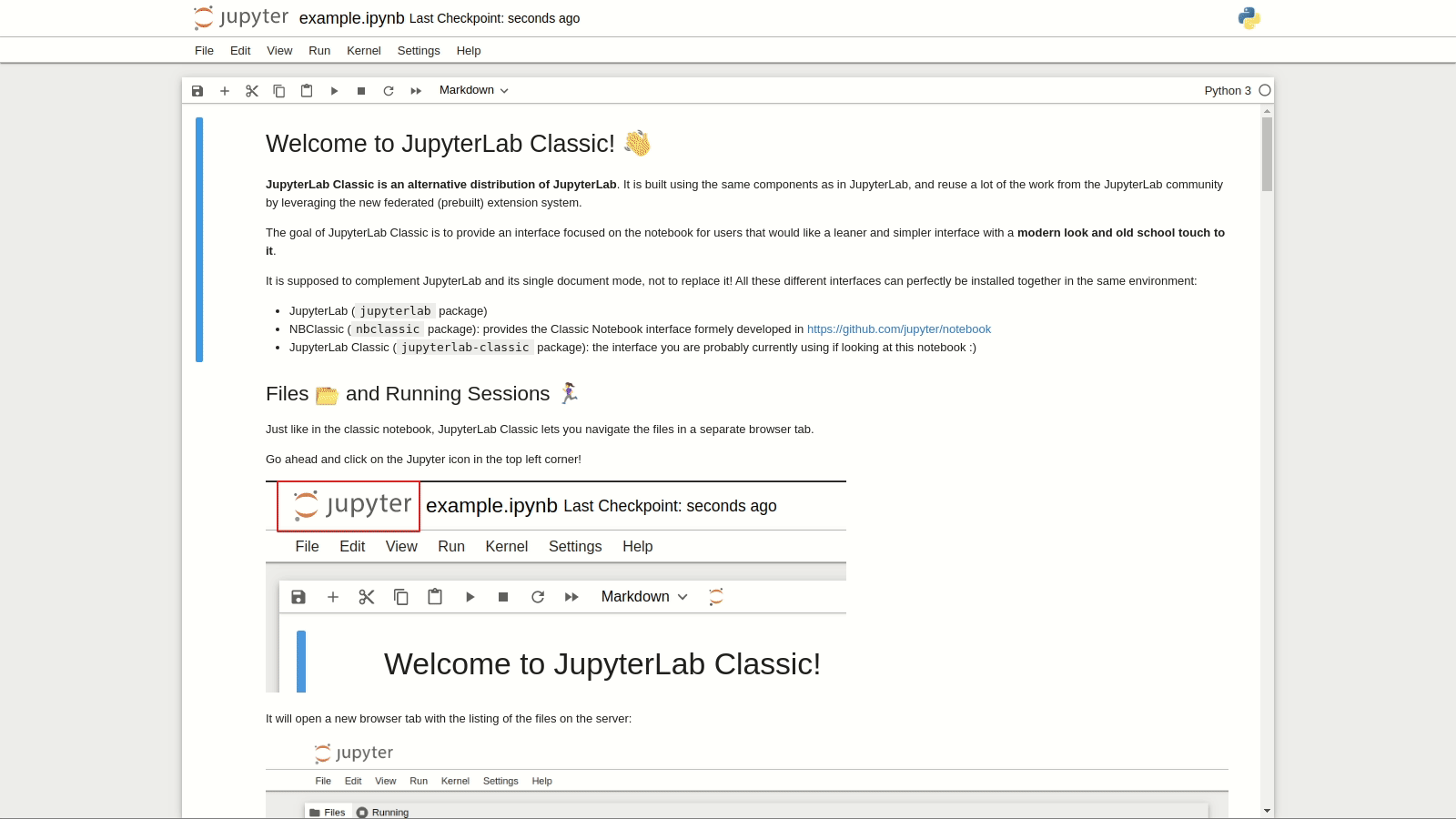 An animation showing a user viewing a notebook, renaming a file, running cells, interacting with cell output, and modifying the Jupyter interface using the menu