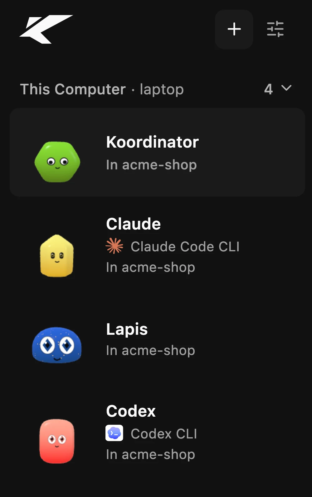 The Kollab sidebar: four agents on one computer (Koordinator, Claude Code, Codex, Lapis) with harness labels.
