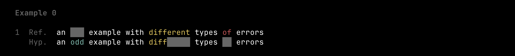 A color-coded two-row alignment, showing an insertion, a substitution and a deletion