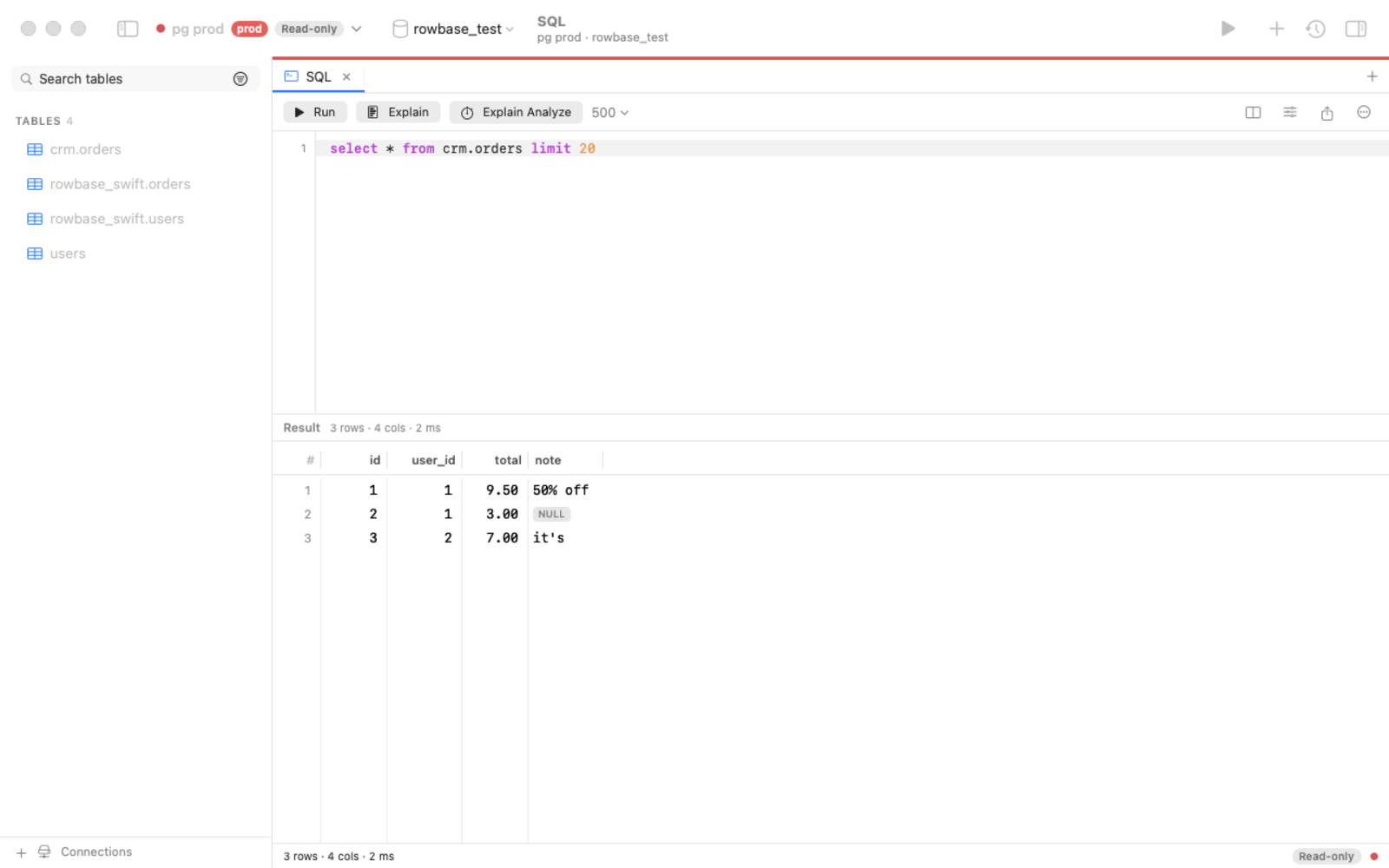 SQL editor with autocomplete and results