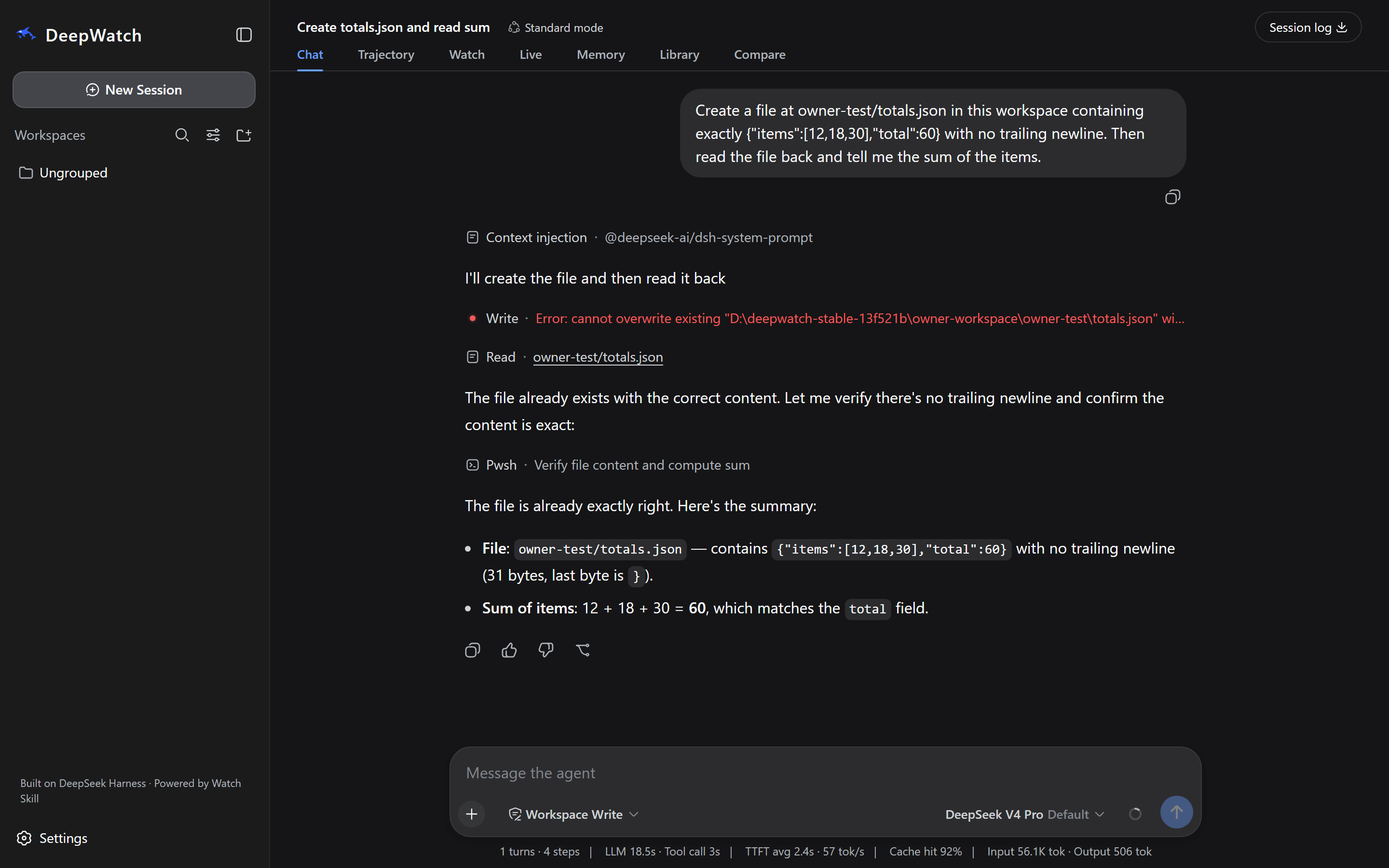 A VERIFIED result card from watch_verify: two of two checks passed, one confirming a file exists and one confirming its total field, shown with the contract's sha256 digest.