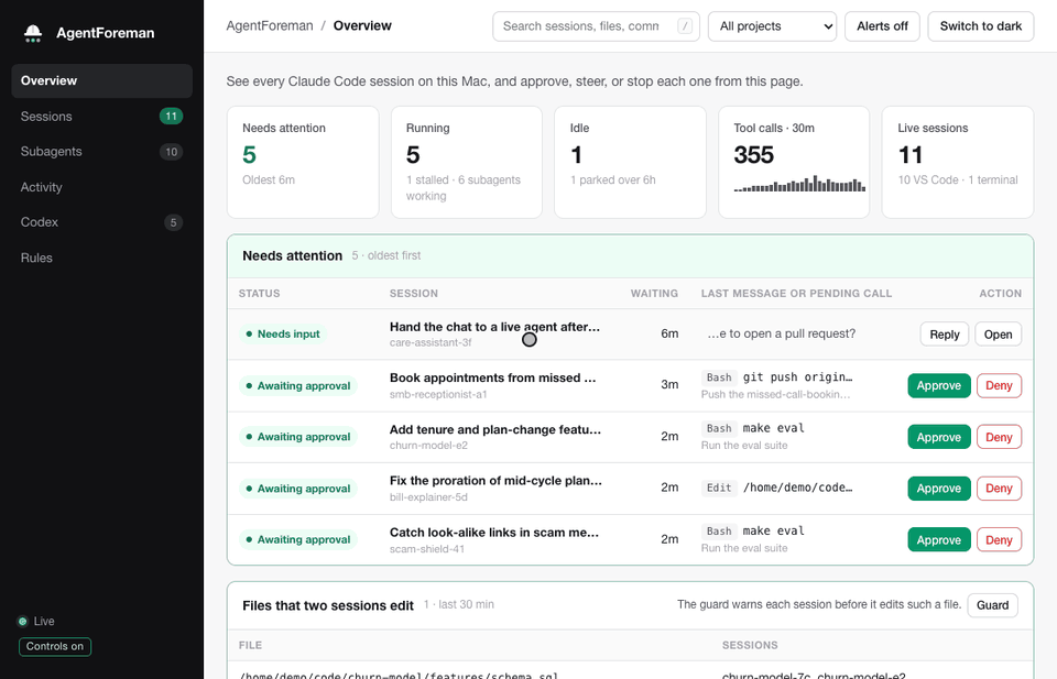 churn-model-e2 and scam-shield-41 both wait on make eval. Approve all 2, then Confirm, answers both calls, and both sessions report their new eval scores.