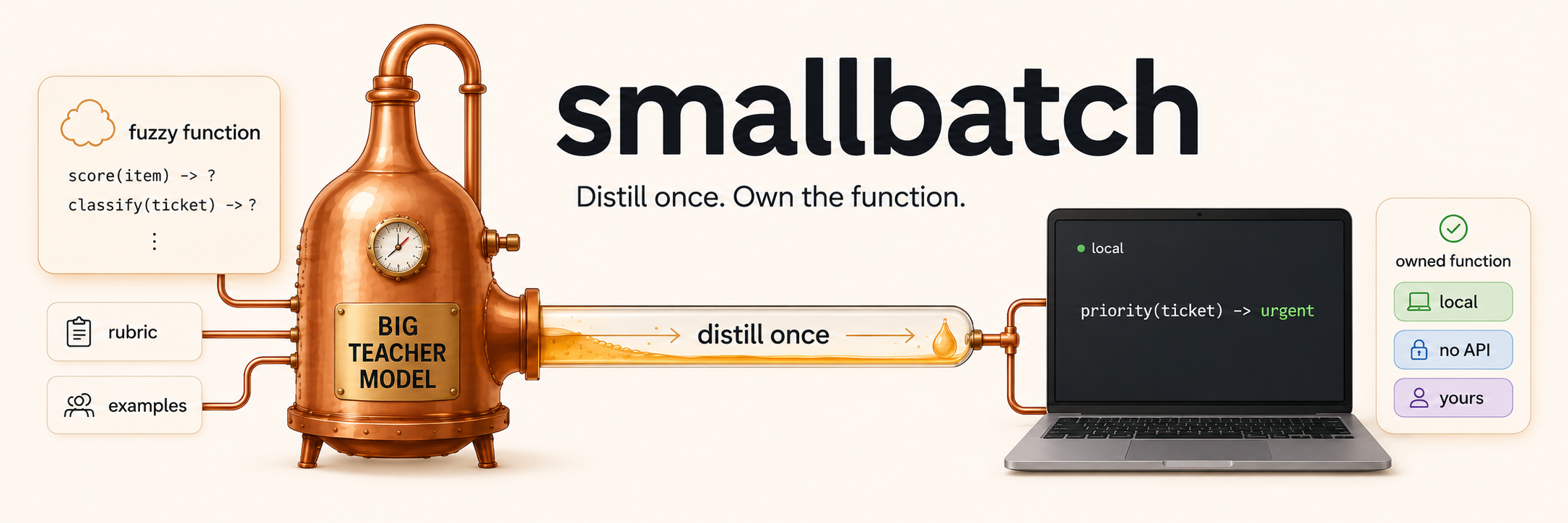 smallbatch — distill once, own the function