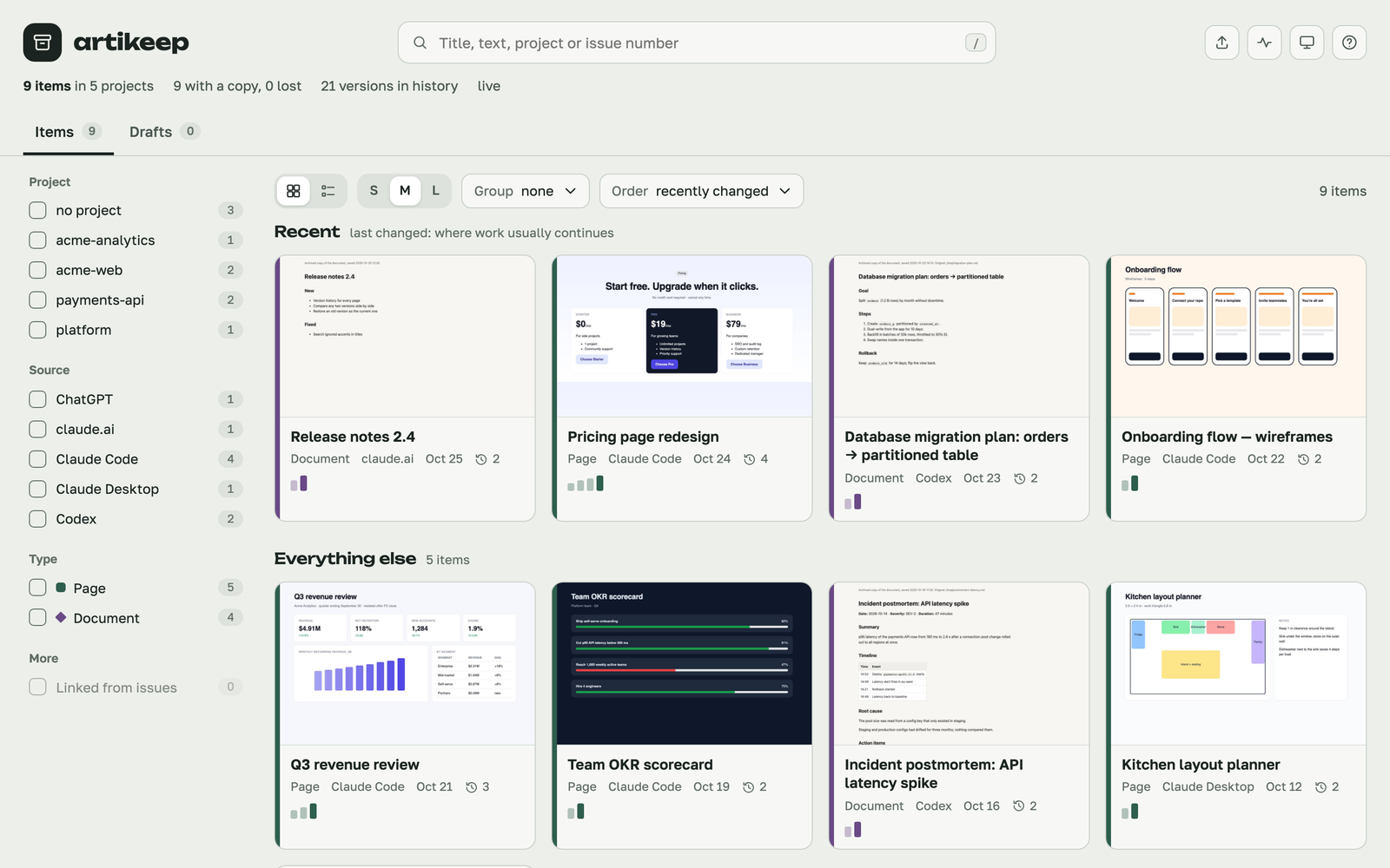 The gallery: items from Claude Code, Codex, Claude Desktop, ChatGPT and claude.ai with filters by project, source and type