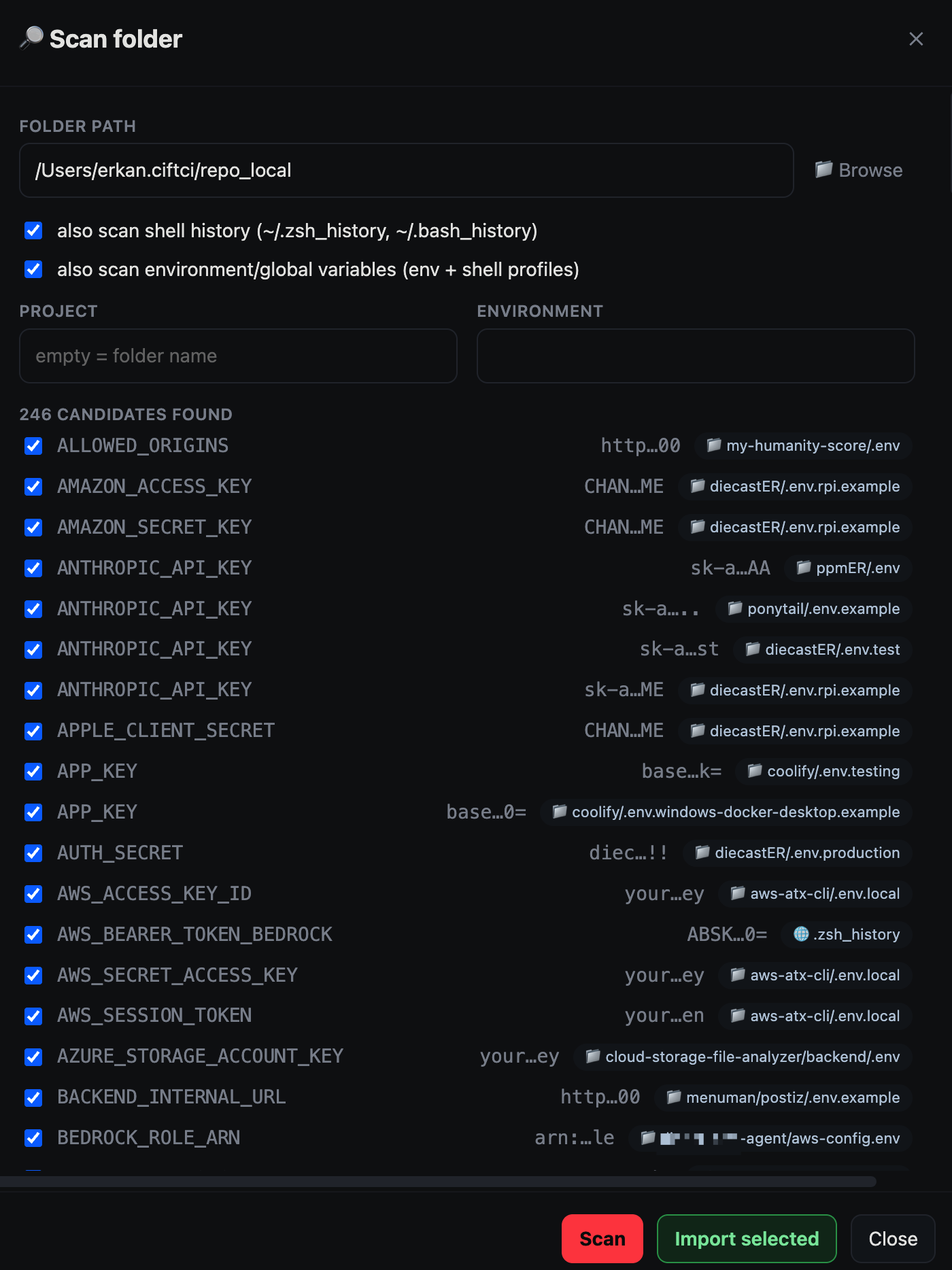 Scan a folder or shell history for leaked secrets