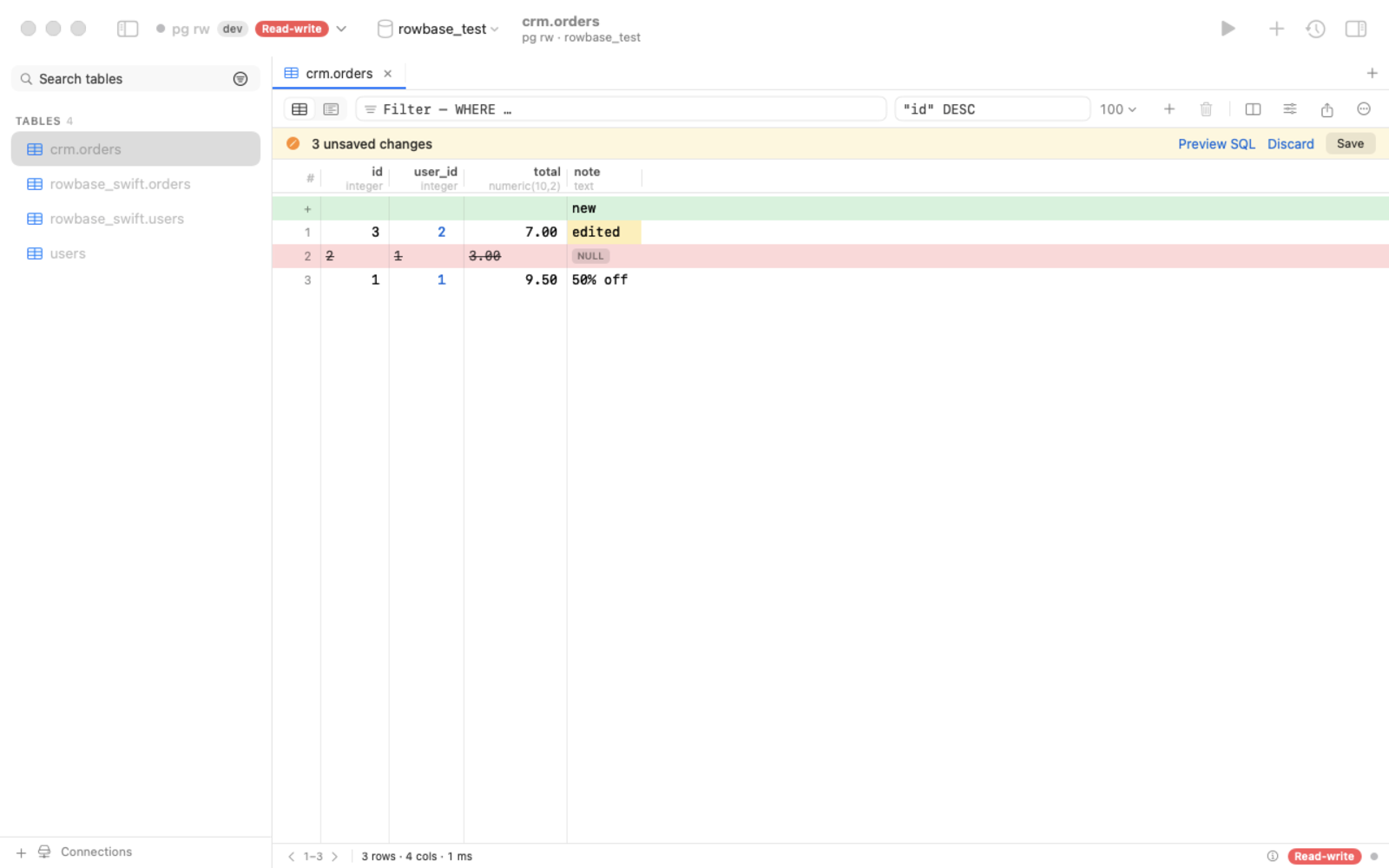 Inline editing with pending changes