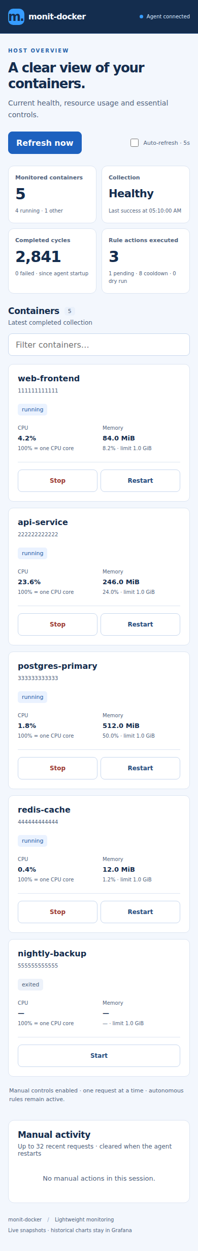 Mobile interface with responsive container cards and touch-friendly controls