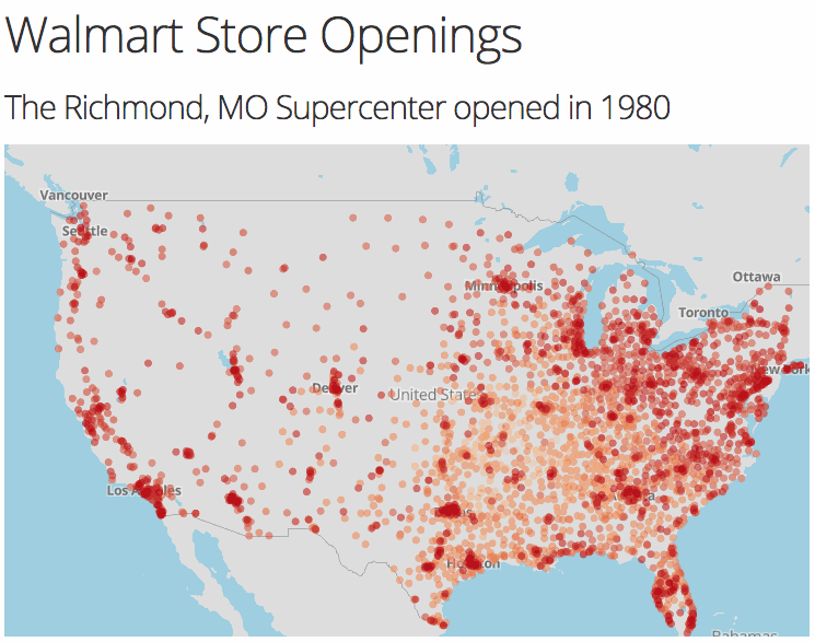 Dash App with Mapbox map showing walmart store openings