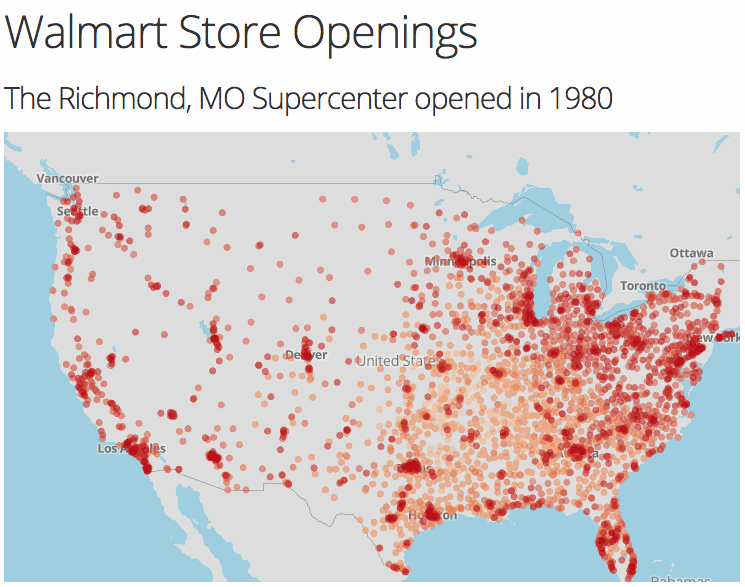 Dash app with Mapbox map showing walmart store openings