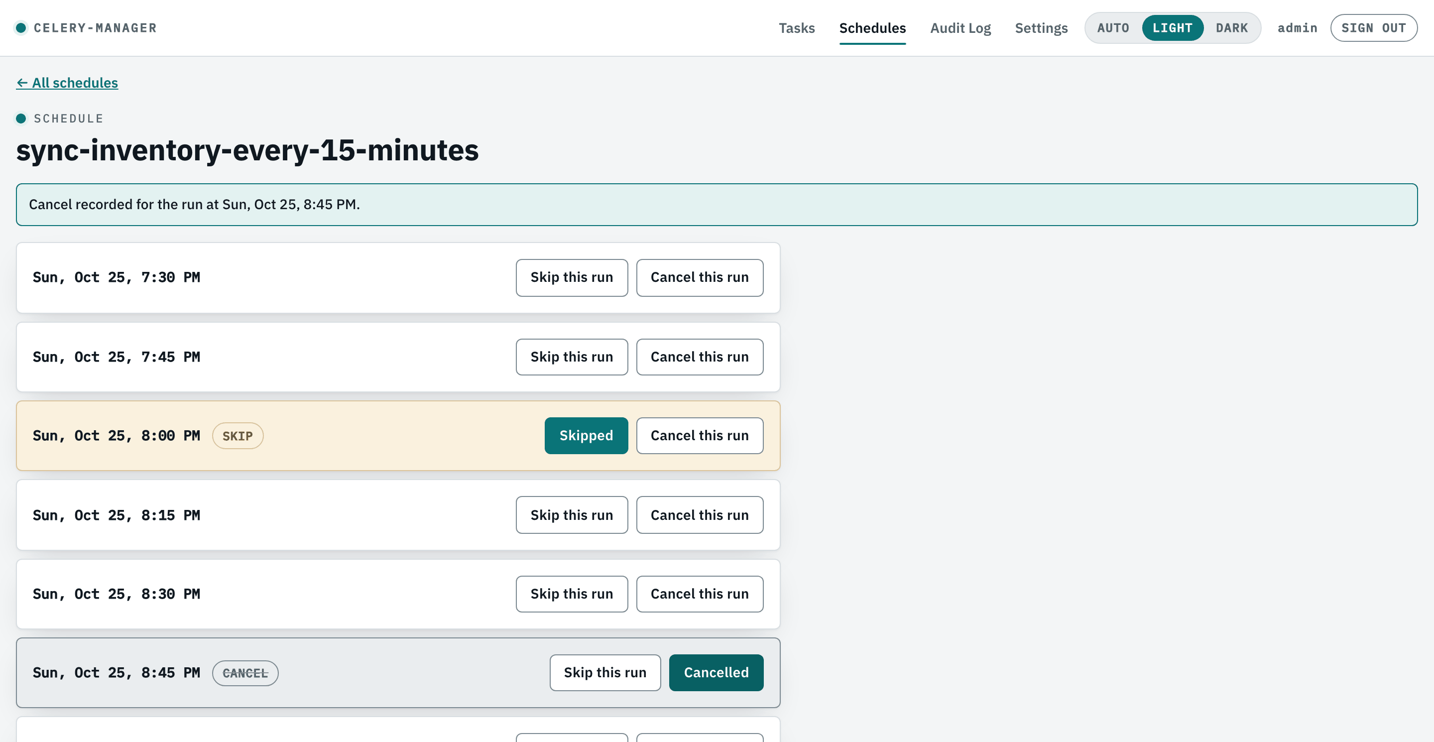 Schedules view with one upcoming occurrence of a periodic task skipped