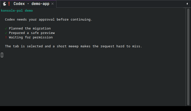 Konsole tab showing the attention bunny for a permission request