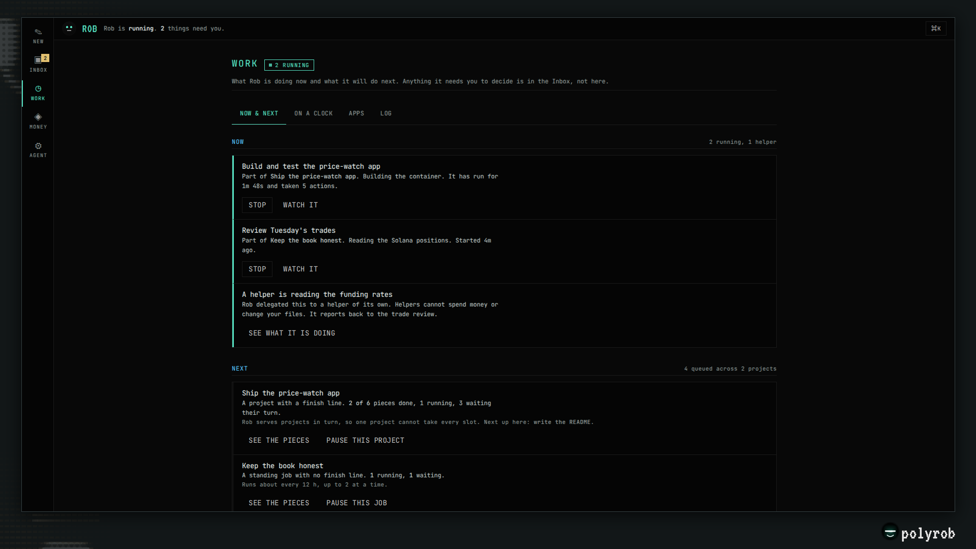 POLYROB Work view showing running and queued autonomous work