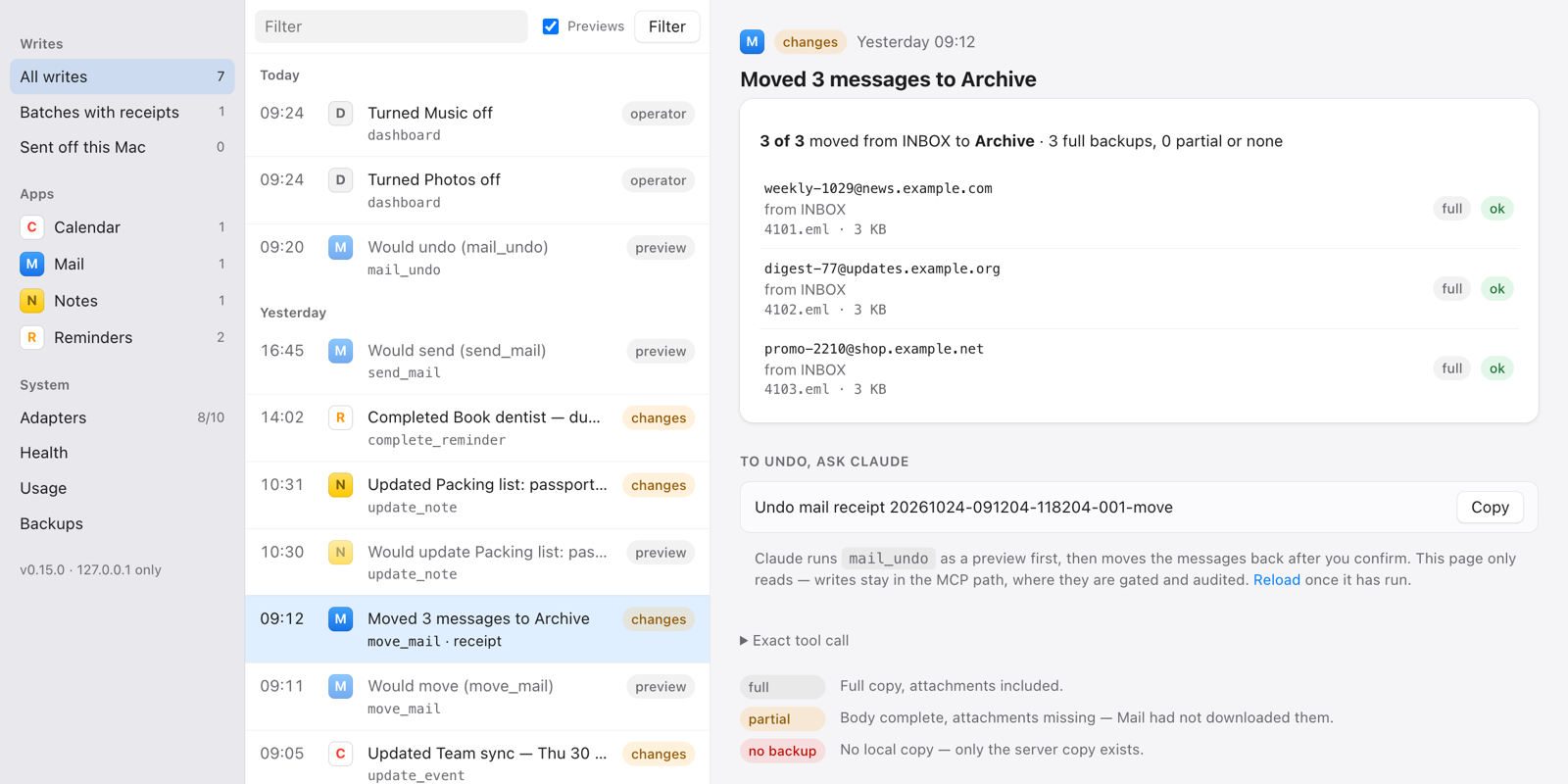 The dashboard: three newsletters moved to Archive, each one backed up, and the prompt that undoes the batch