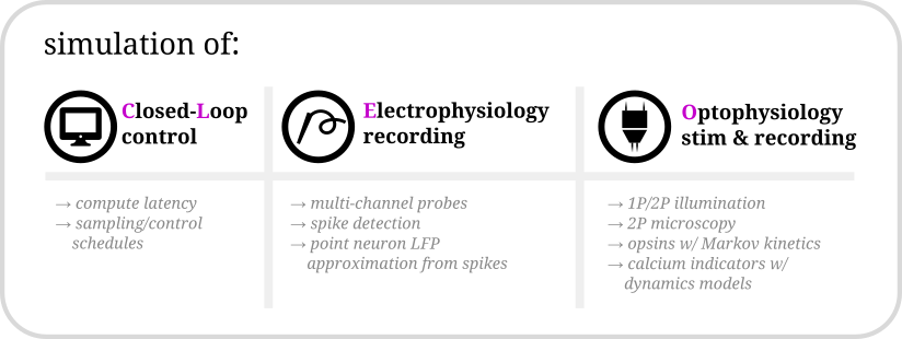 Overview table of Cleo's closed-loop control, ephys, and ophys features