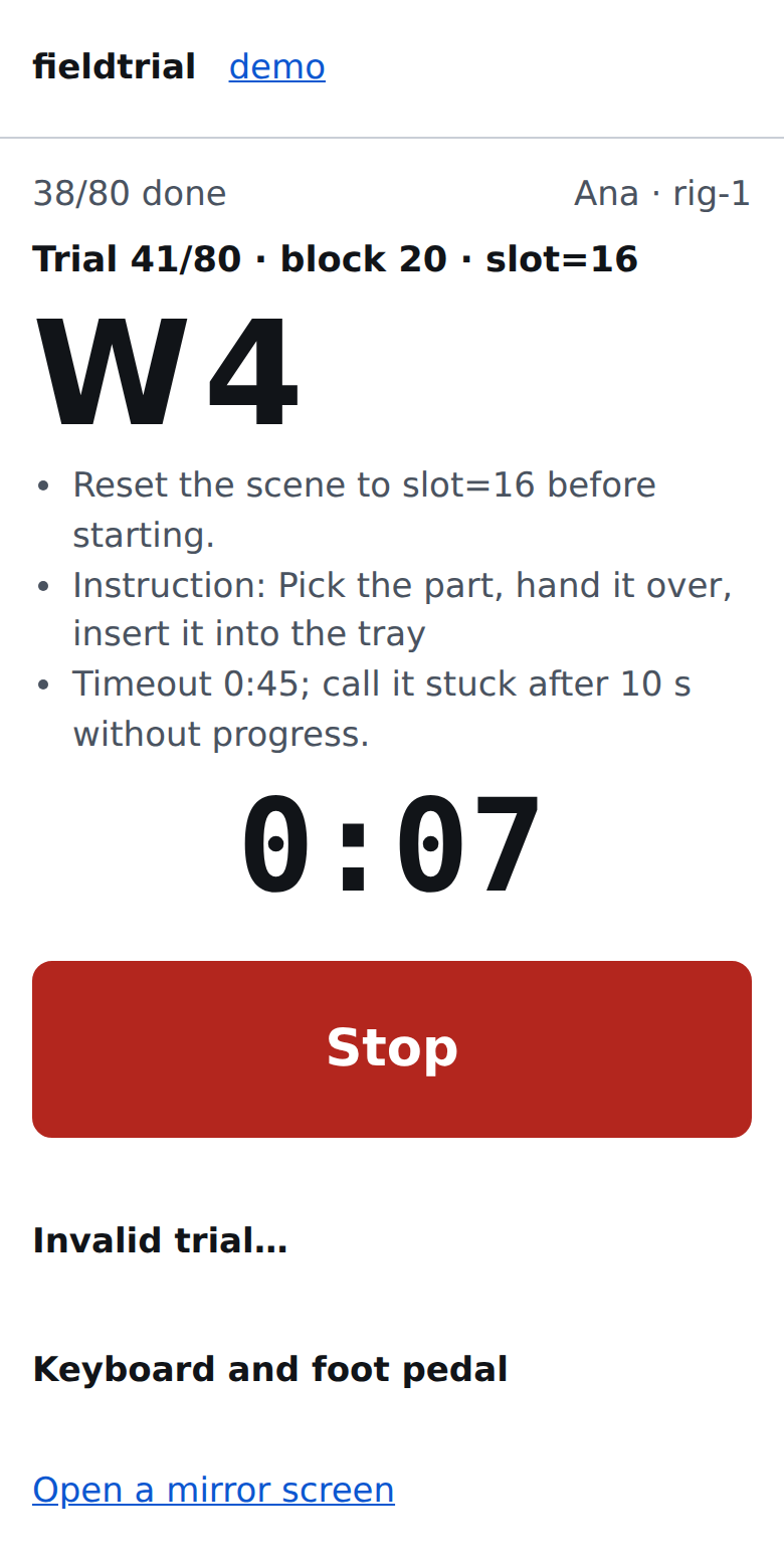 The operator console on a phone: a trial in progress with its blind code, the starting condition, a running timer and a large Stop button
