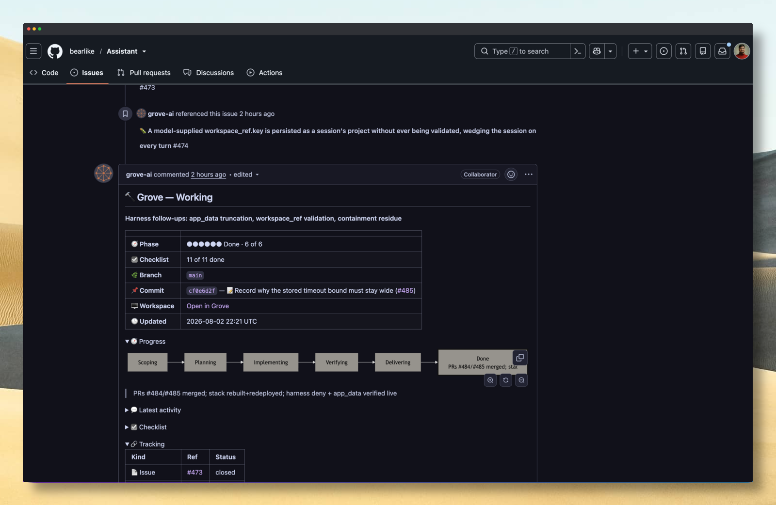 Grove's status comment on a tracker issue, showing a table of phase, checklist, branch and commit above a six step progress diagram running from Scope to Handoff