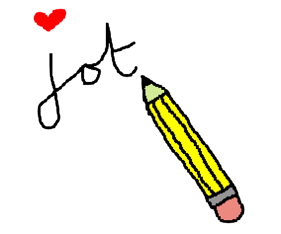 Terribly drawn image of the word "jot" in cursive with a pencil at the end of the letter "t". The dot of the letter "i" is a red love heart.