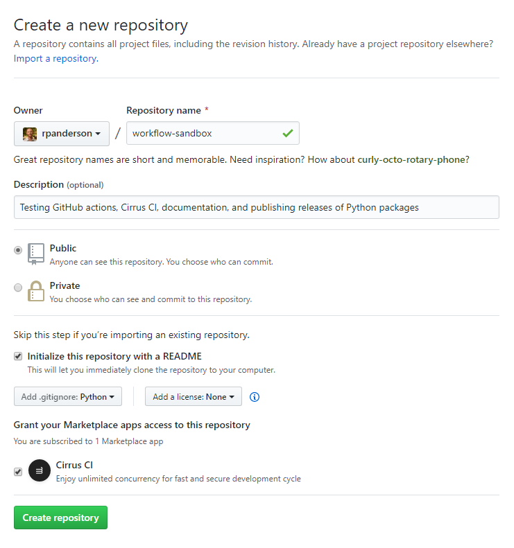 GitHub Create a new repository settings