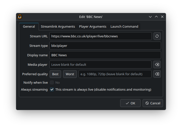Stream Setting window