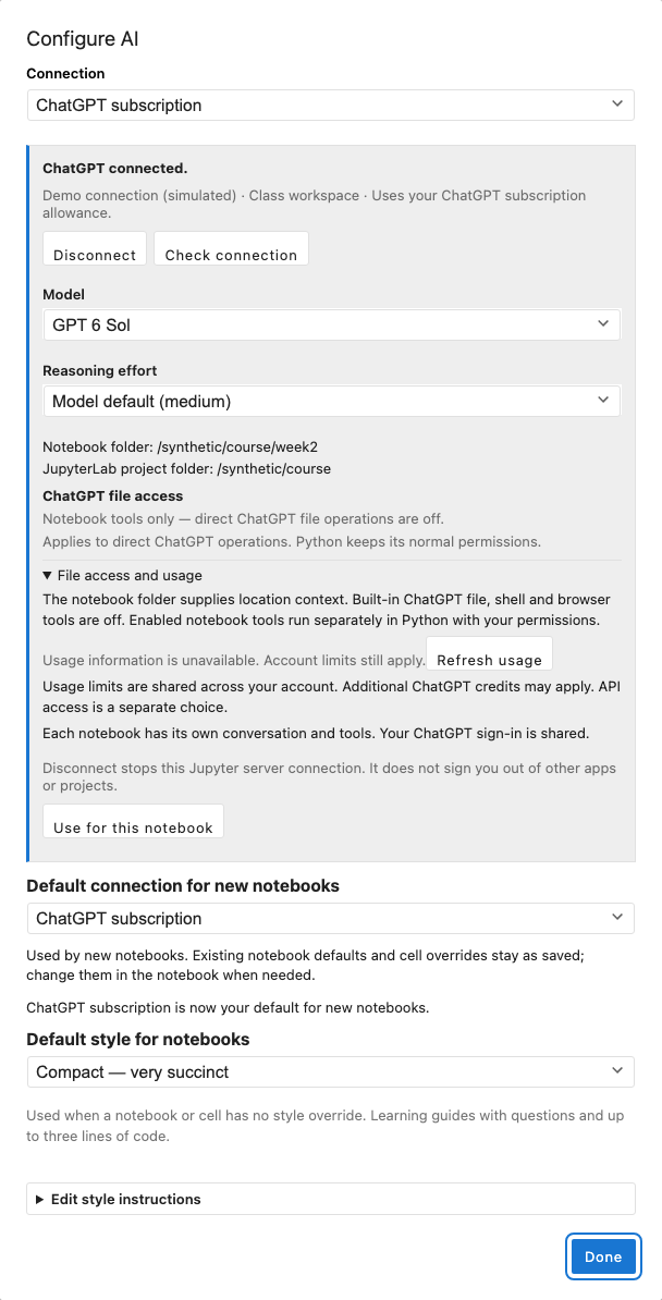 Simulated connected ChatGPT setup with model, effort, usage, and Use for this notebook